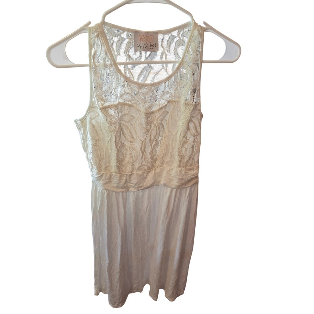 Coveted White Lace Mini‎ Dress L Womens Sleeveless Crew Neck Cottage core